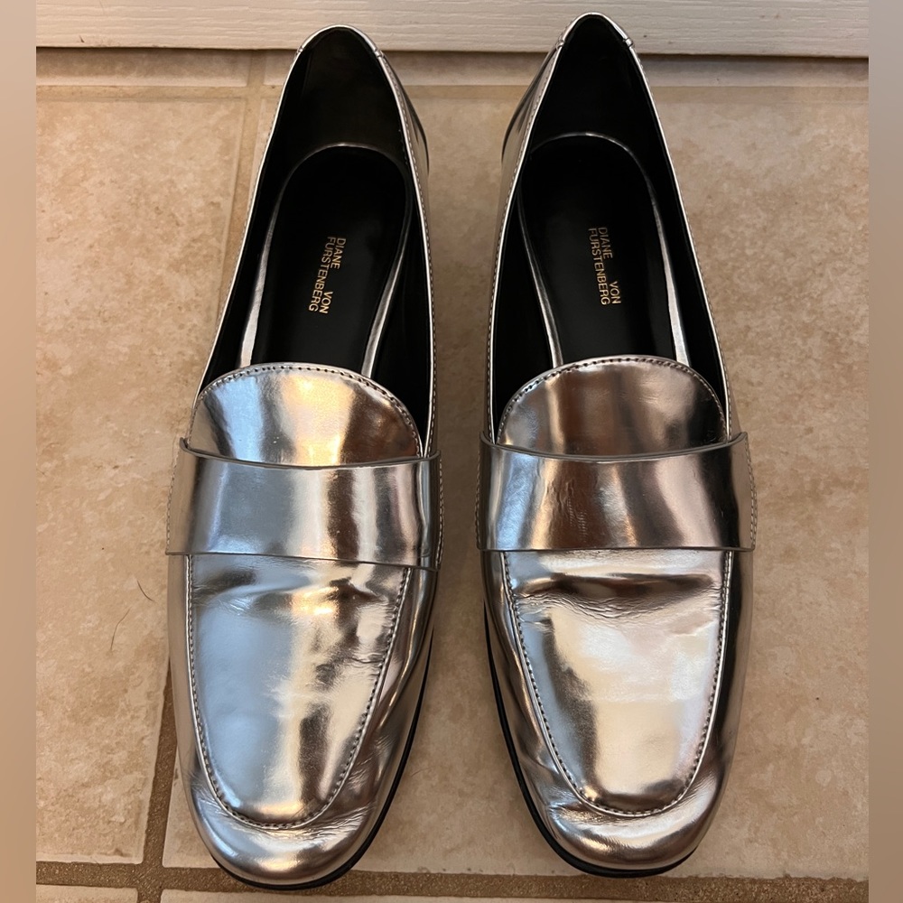 Diane von Furstenburg silver patent leather loafers